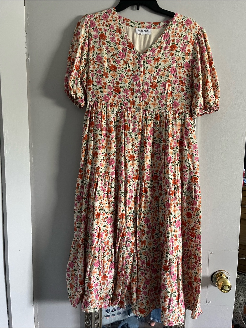 Liv & Kate Cream Floral Tiered Midi Dress with Pink & Orange Blooms